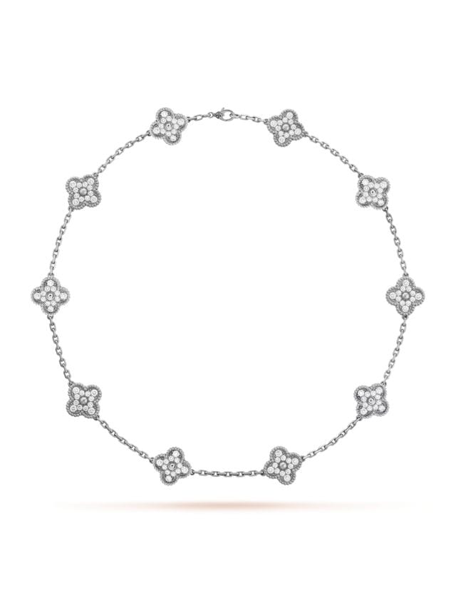 Vintage Alhambra necklace 10 motifs in 18K white gold Diamond, SGD 95,000 (approximately P4,113,364.15), VAN CLEEF & AREPLS, vancleefarpels.com